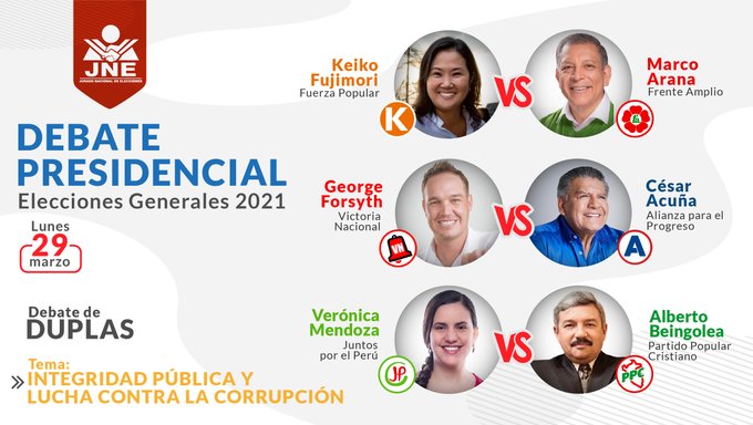 Debate presidencial de mañana contará con Beingolea, Acuña, Arana, Forsyth y Mendoza
