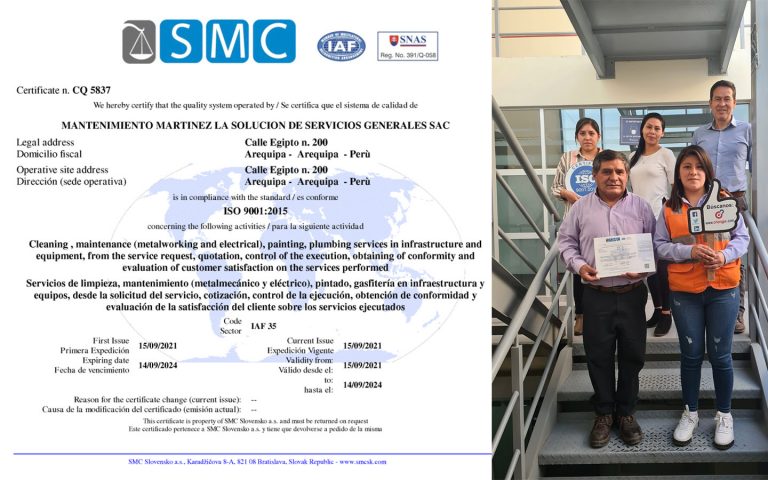 Proinnovate: Mantenimiento Martínez La Solución en Servicios Generales S.A.C. obtuvo la certificación ISO 9001:2015