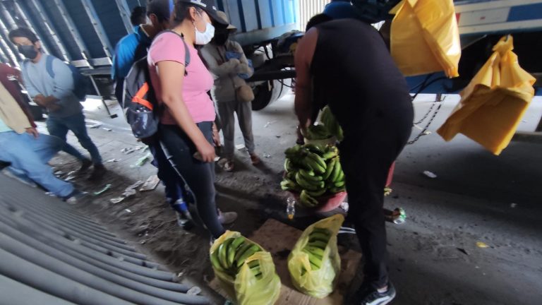 Comerciantes rematan plátanos en el km 48 tras quedar varados por paro nacional de transportistas