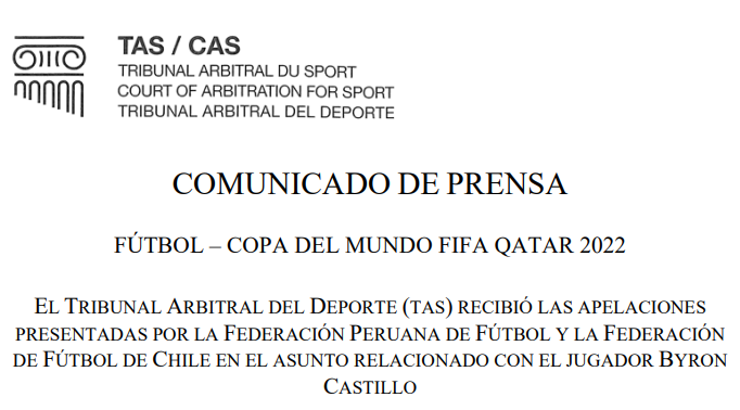 Comunicado del TAS señalando que Perú y Chile apelaron la decisión de la Comisión de Apelaciones de la FIFA por el caso Byron Castillo.