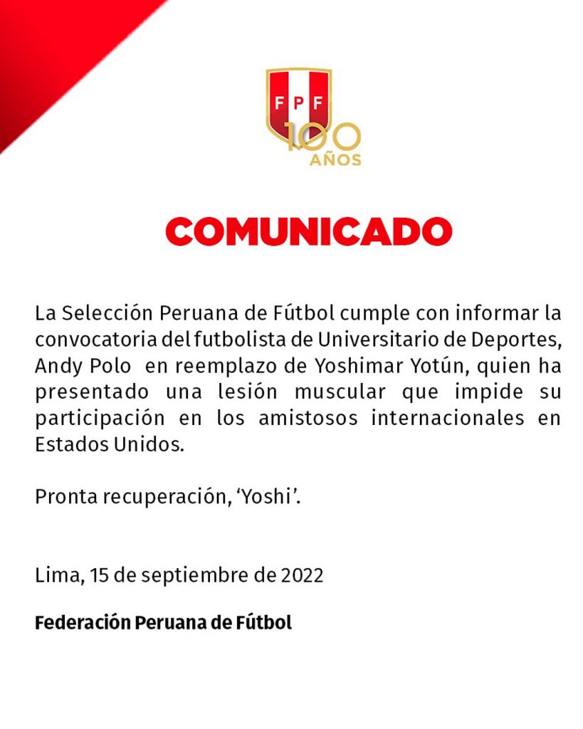 Con este comunicado, la Selección Peruana de Fútbol anunció el cambio en los convocados por la lesión de Yotún.