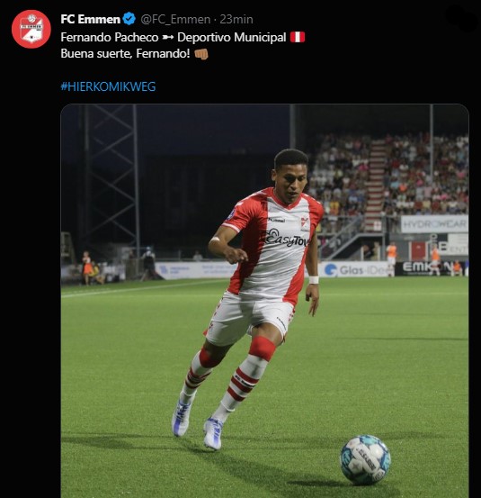 El FC Emmen confirmó el fichaje de Fernando Pacheco por Deportivo Municipal.