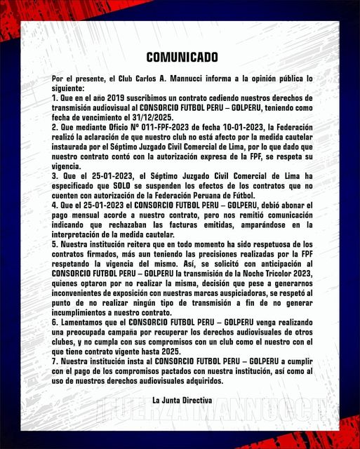 Comunicado del Mannucci de Trujillo sobre el Consorcio Fütbol Perú. 