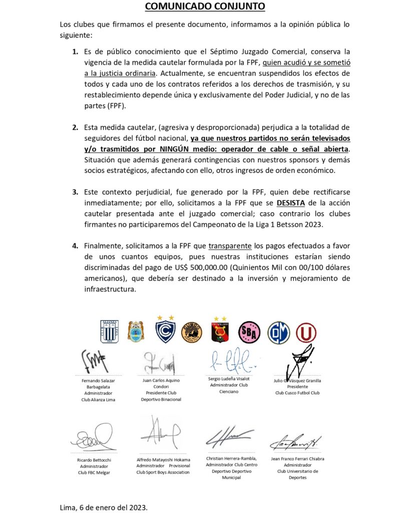 Comunicado de 8 clubes de la Liga 1, que amenazan con no jugar el torneo local.