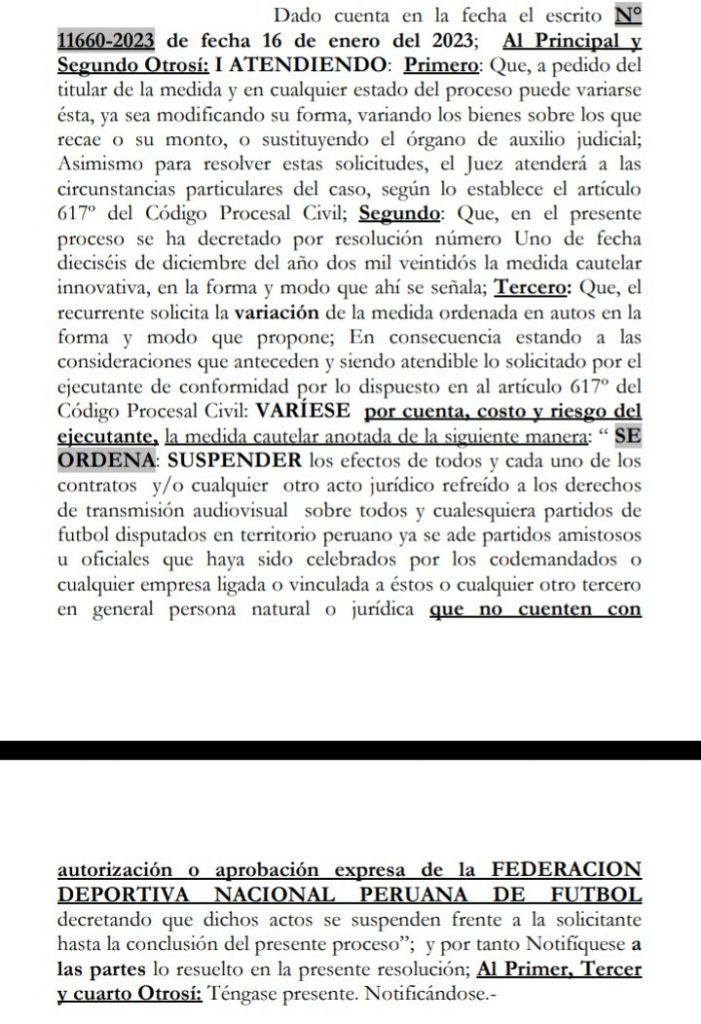 Modificaciones en la medida cautelar de los derechos de TV de la Liga 1. 