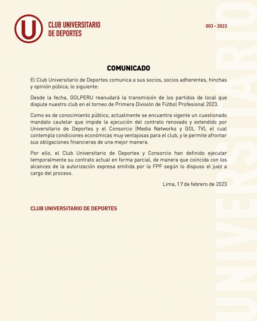 Universitario de Deportes confirma que Gol Perú transmitirá el 'Clásico de Fútbol Peruano'.