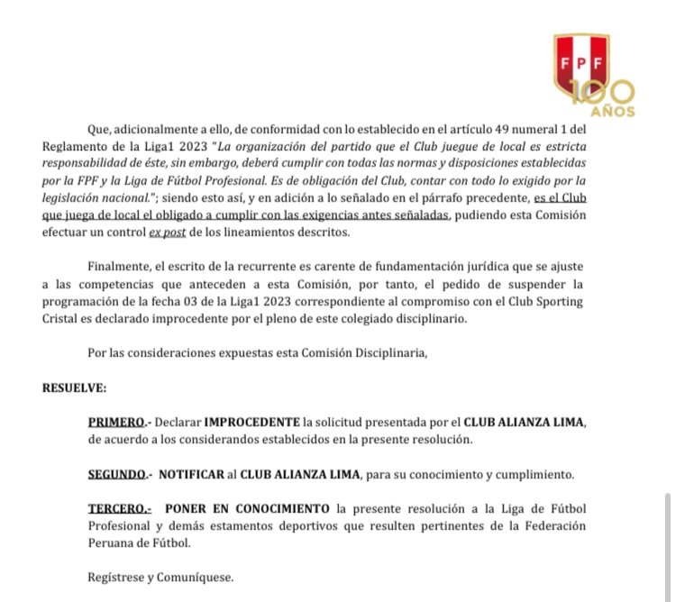 Pedido de Alianza Lima para la postergación de su duelo con Sporting Cristal, fue rechazado por la Comisión Disciplinaria.