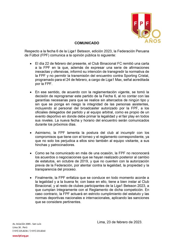 Comunicado de la FPF sobre la postergación del partido entre Deportivo Binacional y Sporting Cristal en Cusco