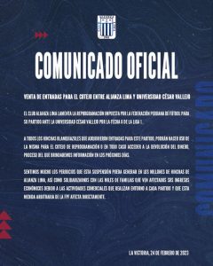 Comunicado de Alianza Lima sobre la reprogramación de su duelo ante la UCV.