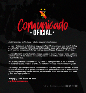 Comunicado oficial del FBC Melgar sobre su juego ante Vallejo.