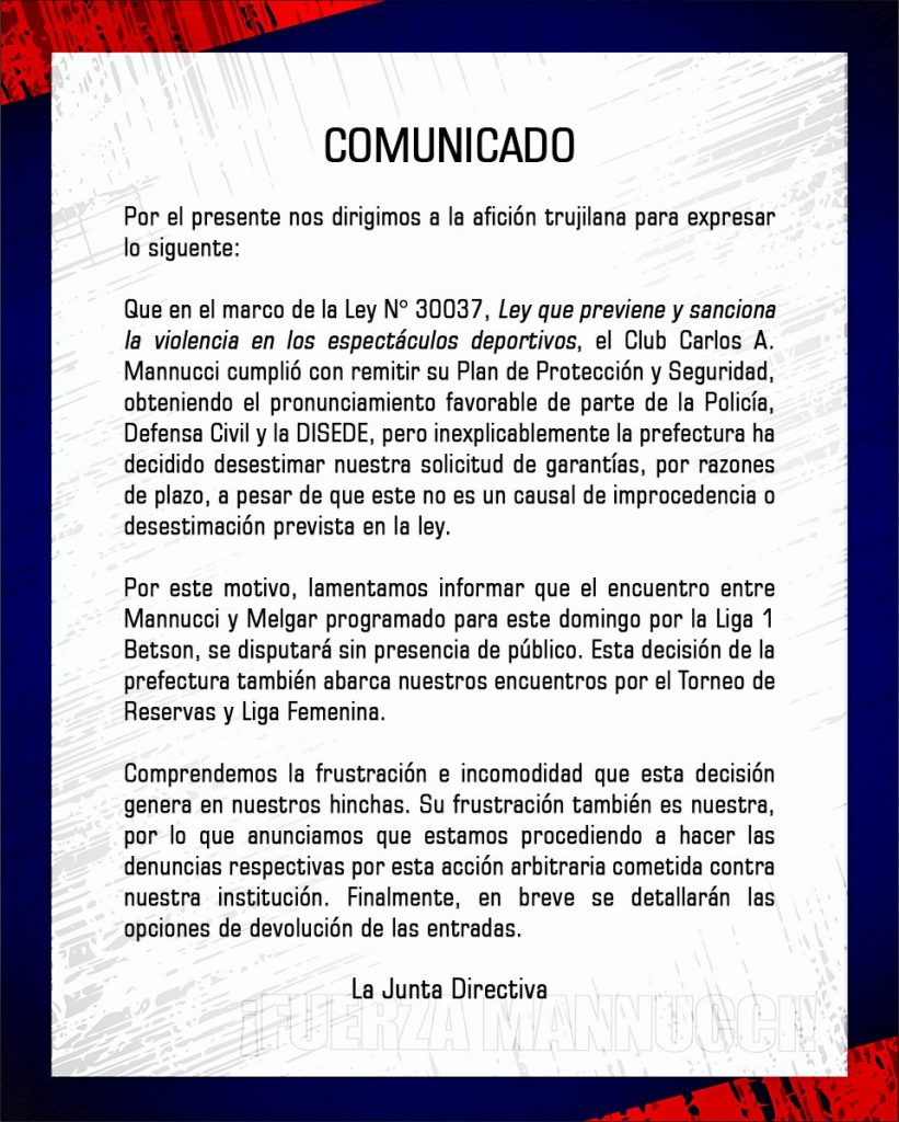 Comunicado de Mannucci sobre su duelo ante Melgar en Trujillo.