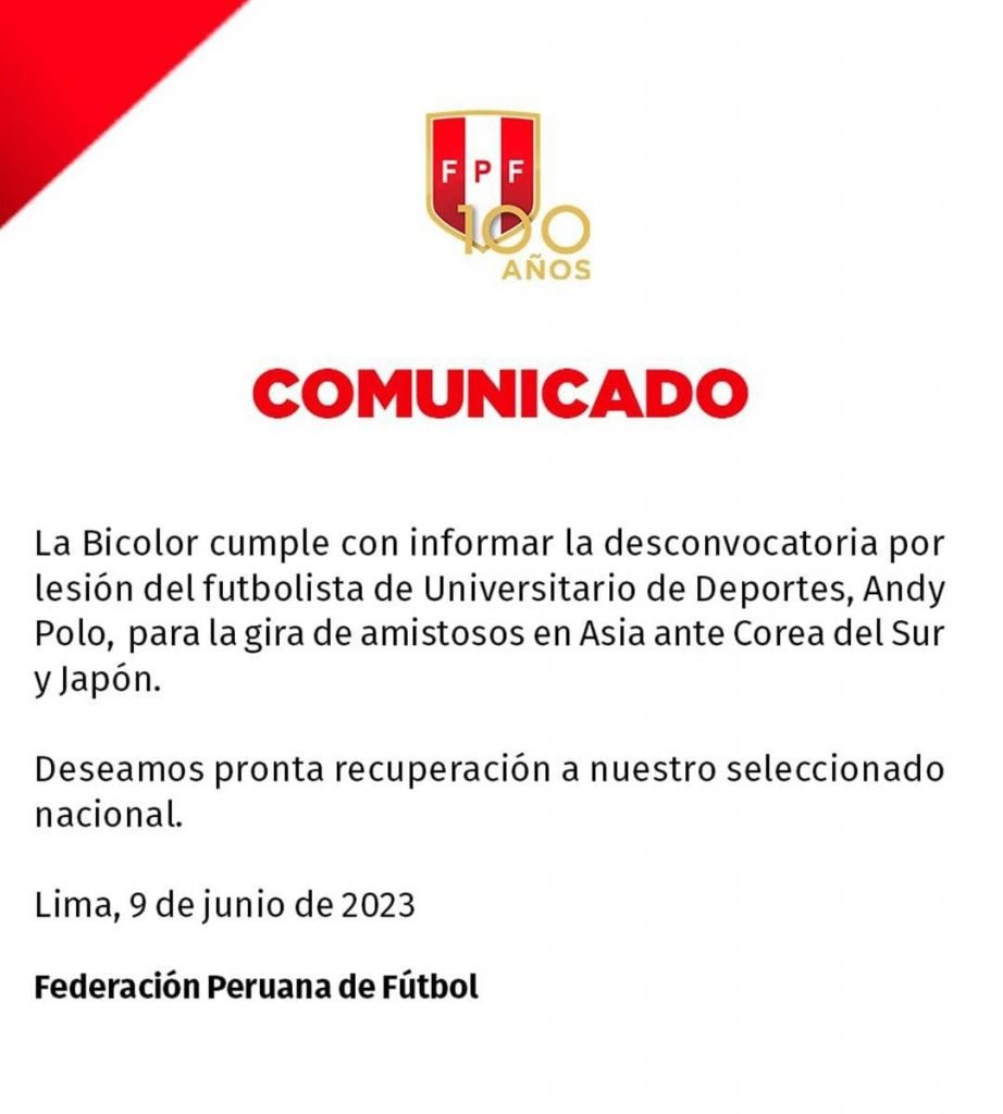 Comunicado oficial de la Selección Peruana sobre el llamado de Christopher Olivares como nuevo convocado para ir a Asia.