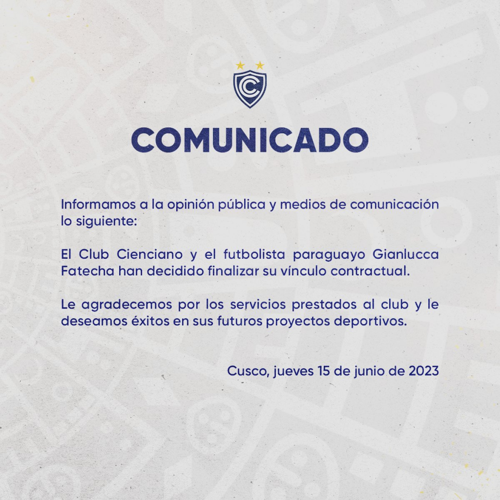 Comunicado oficial de Cienciano del Cusco sobre la salida de Gianluca Fatecha.