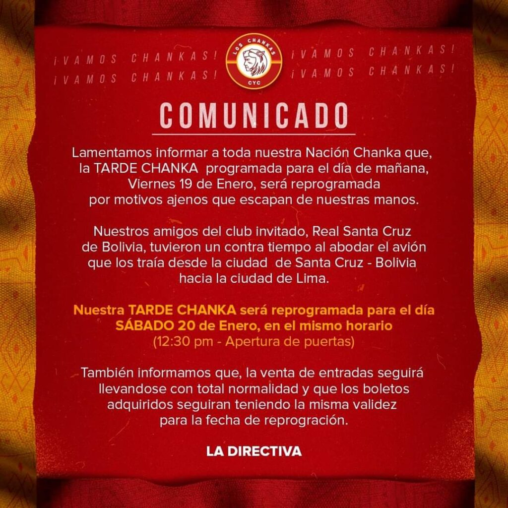 Comunicado oficial de Los Chankas sobre la nueva fecha de su tarde de presentación. 