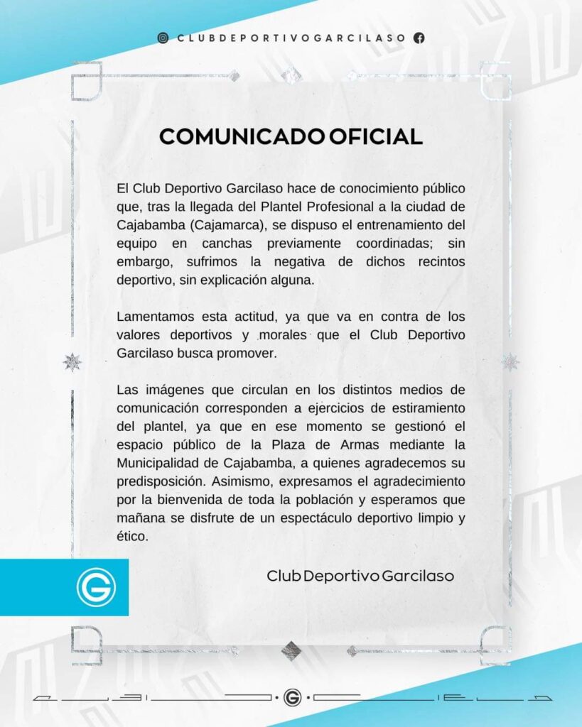Comunicado oficial de Deportivo Garcilaso sobre su entrenamiento en la Plaza de Armas de Cajabamba. 