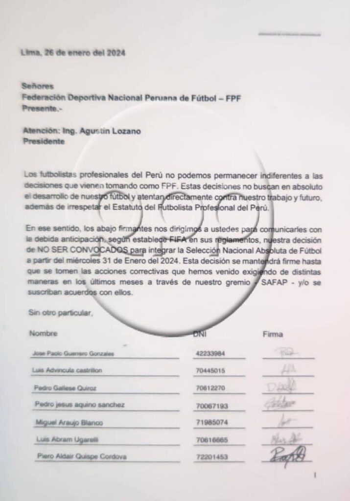 Carta de futbolistas de la Selección Peruana pidiendo a la FPF, no ser convocados. 