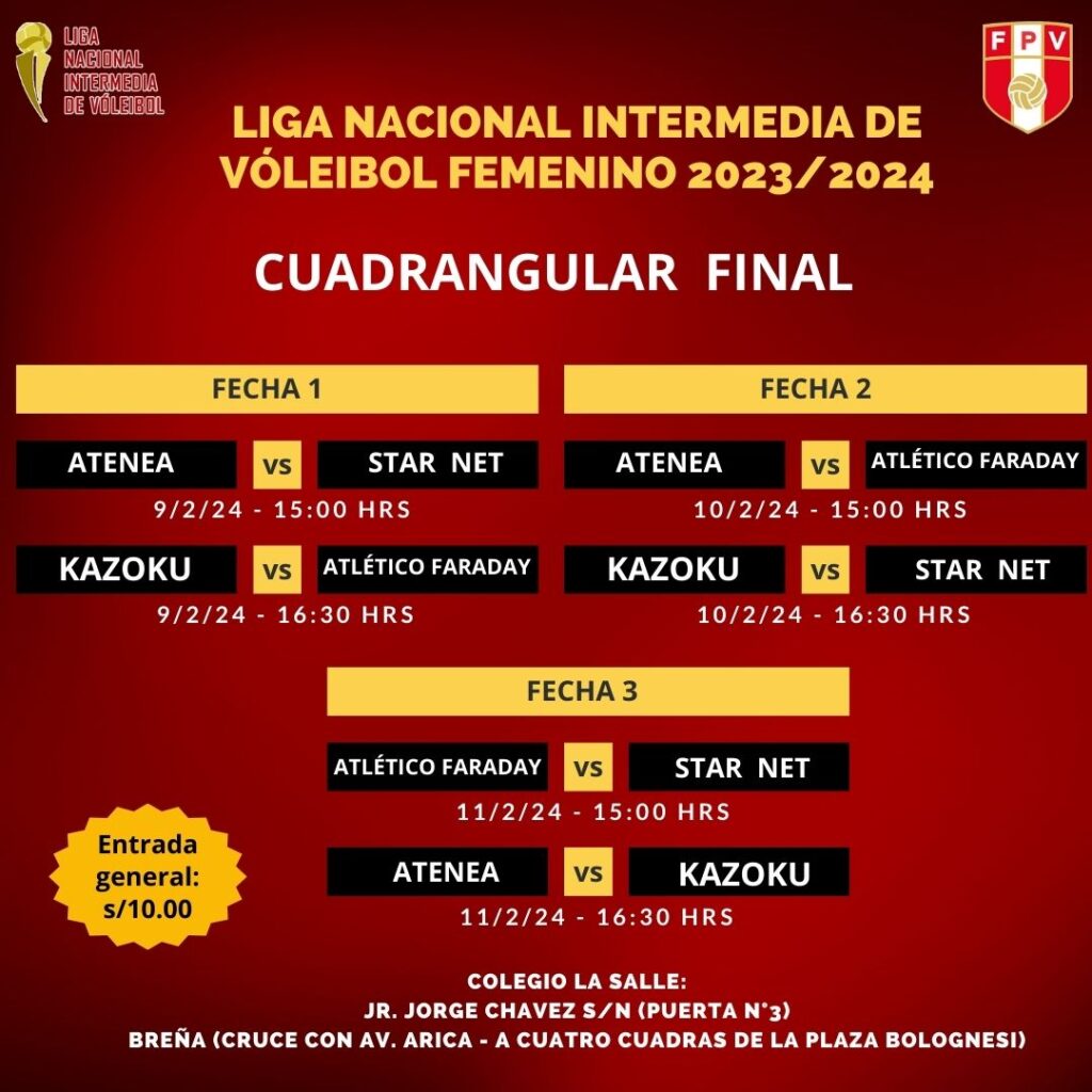 Cronograma del cuadrangular final de la Liga Intermedia de Vóleibol Femenino. 