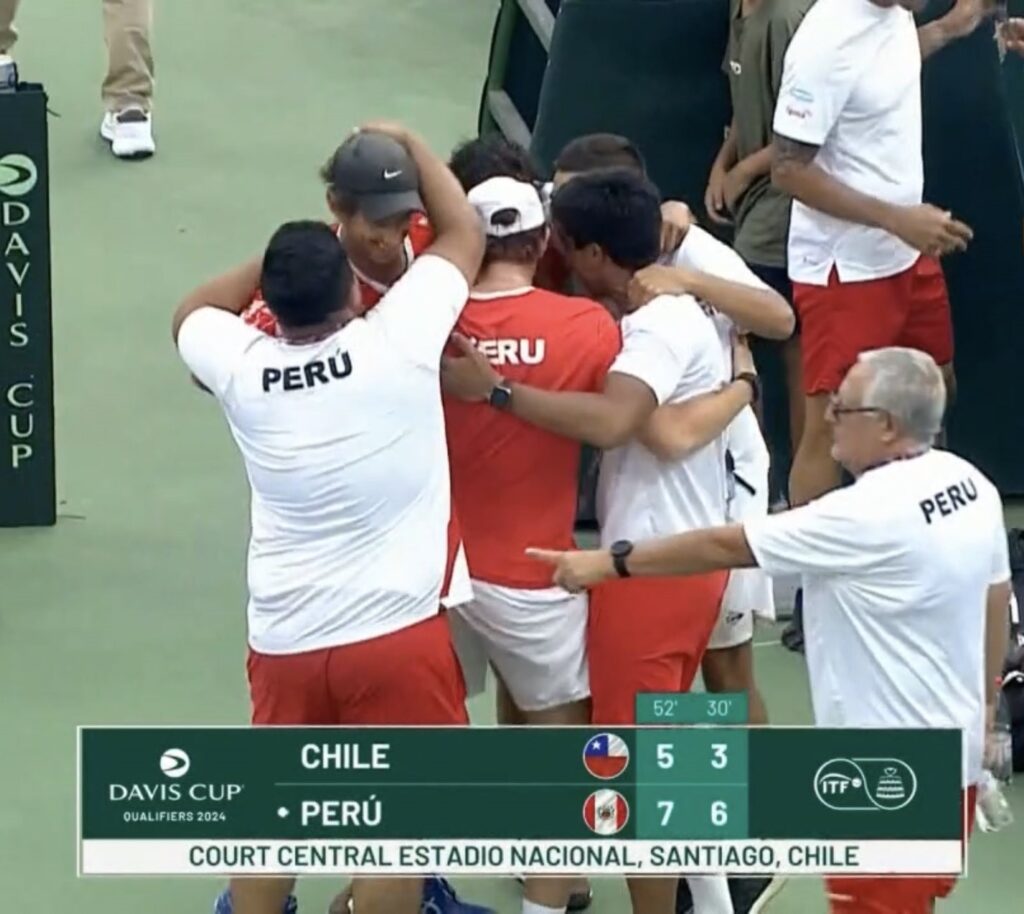 Celebraciones del equipo de Perú tras su segundo triunfo en Copa Davis. 