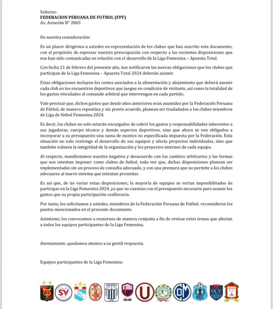 Carta en conjunto de los clubes del fútbol femenino en contra de las medidas de la Federación Peruana de Fútbol.