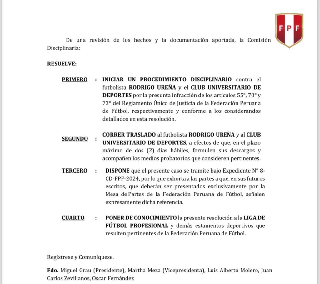 Proceso Disciplinario contra Rodrigo Ureña. 