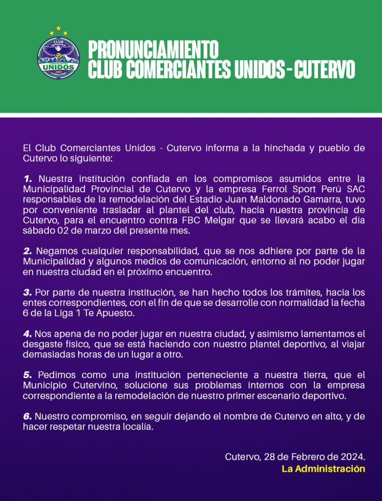 Comunicado oficial de Comerciantes Unidos sobre la situación de su localía en Cutervo. 