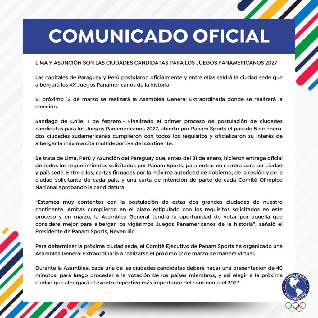 Comunicado oficial de Panam Sports sobre Lima y Asunción como sedes candidatas. 