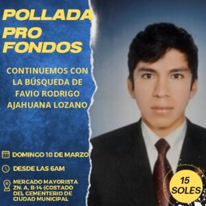 Realizarán pollada pro fondos para continuar con la búsqueda de joven dirigente desaparecido