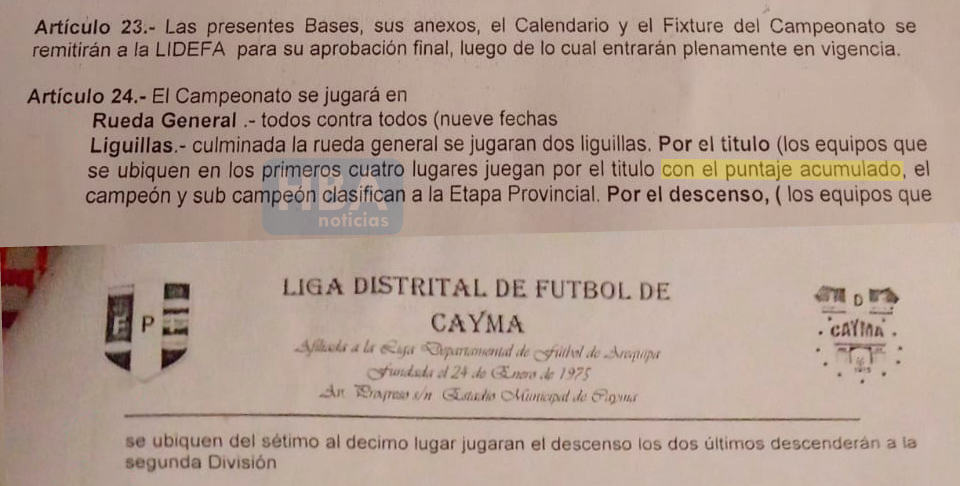 Bases complementarias de la Liga Distrital de Fútbol de Cayma.