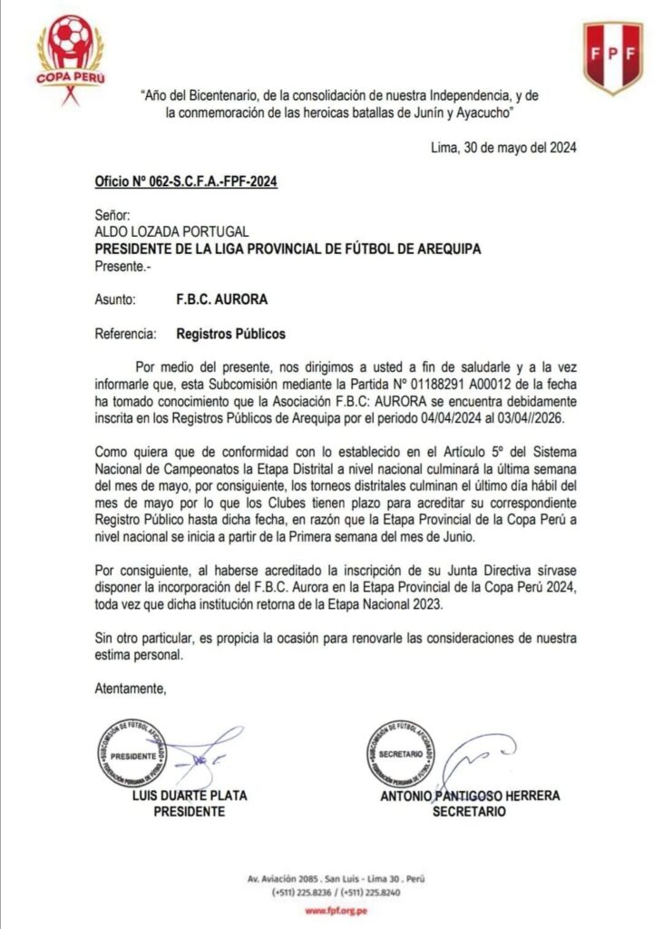 Subcomisión de Fútbol Aficionado de la FPF solicitó la incorporación de FBC Aurora en la Etapa Provincial de la Copa Perú en Arequipa. 