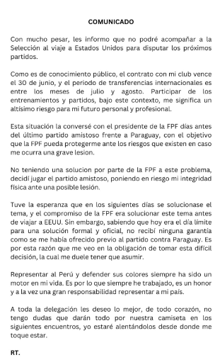 Comunicado de Renato Tapia sobre su ausencia en la Copa América. 