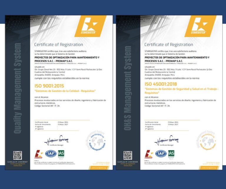 PROMAP S.A.C. obtiene certificación binorma internacional ISO 9001:2015 e ISO 45001:2018