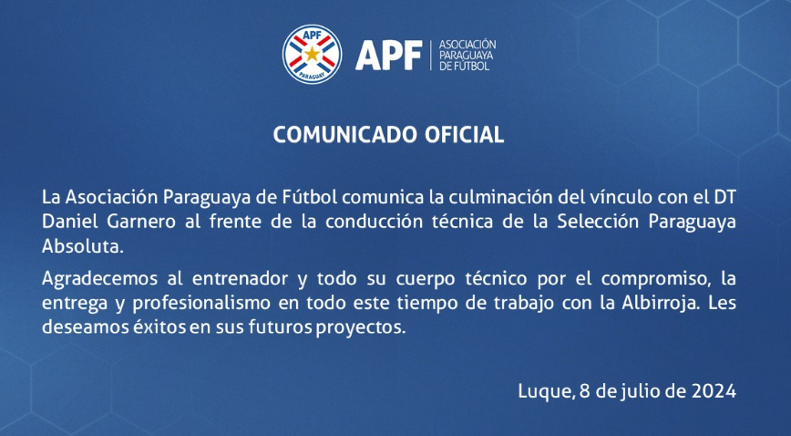 Anuncio oficial sobre la salida de Daniel Garnero de la Selección Paraguaya. 