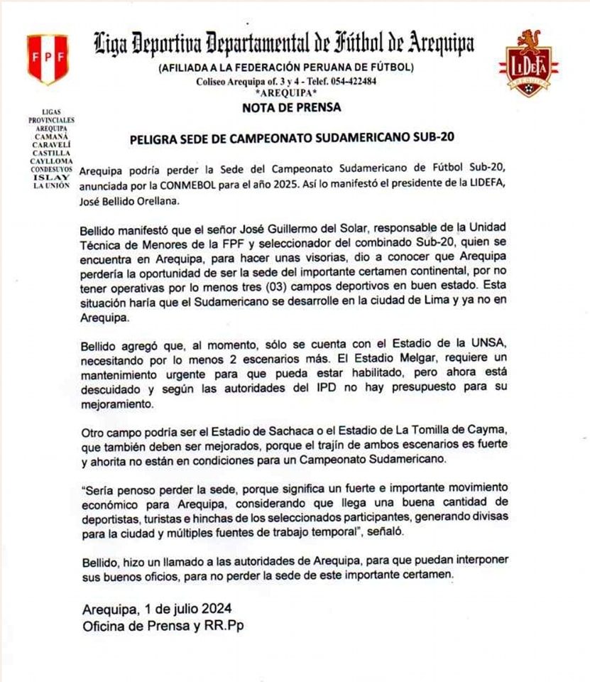 Comunicado de prensa de LIPROFA sobre el Sudamericano Sub-20 en Arequipa. 