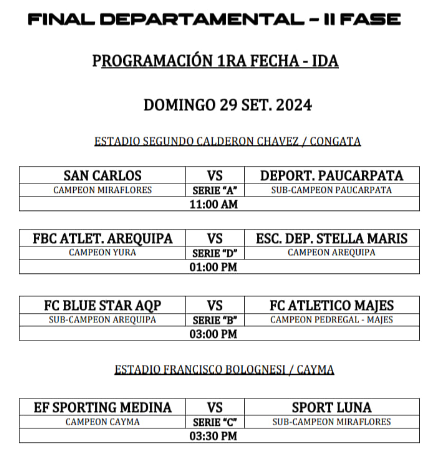 Programación de los partidos de ida de la Fase 2 de la Final Departamental. 