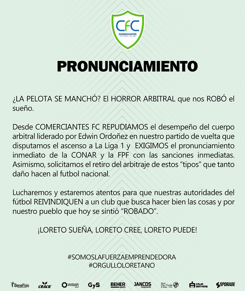 Pronunciamiento de Comerciantes FC luego del ascenso de Juan Pablo II.