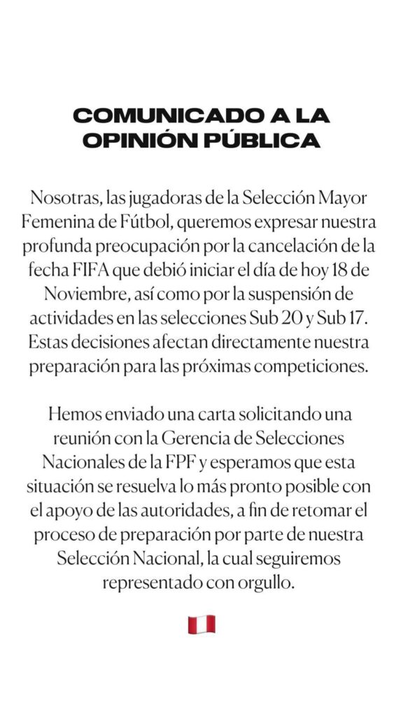 Comunicado de las futbolistas de la Selección peruana Femenina. 