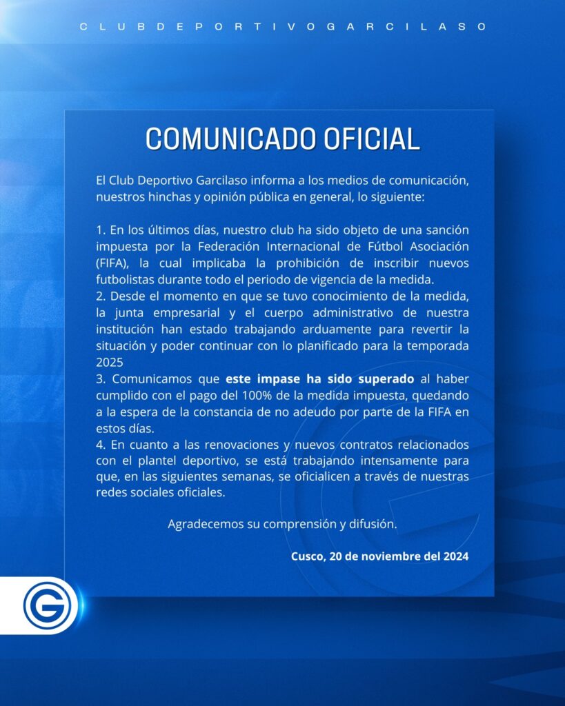 Comunicado oficial de Deportivo Garcilaso sobre su deuda y el castigo por parte de FIFA. 