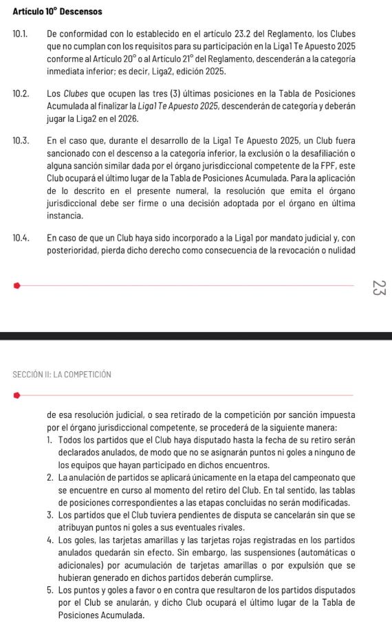 Liga 1 modificó el artículo 10 referido a los descensos para la temporada 2025.