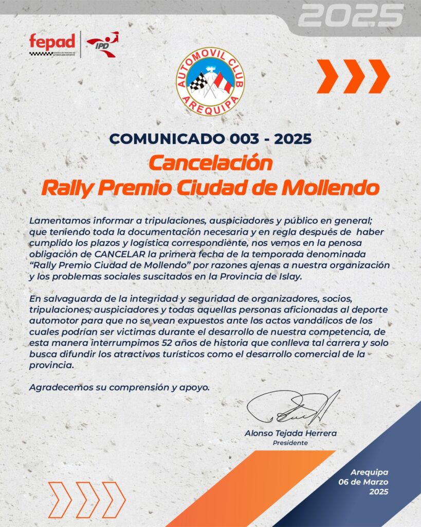 Comunicado oficial por parte de la organización del Rally Premio Ciudad de Mollendo. 