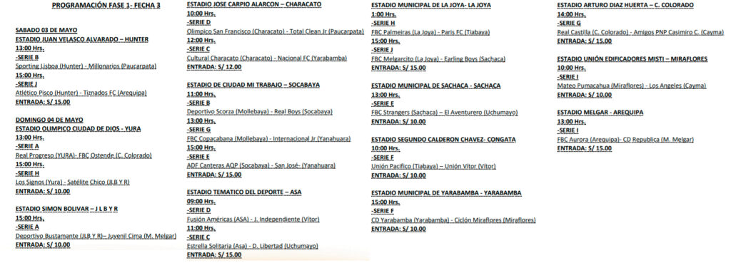 Programación de la tercera jornada de la Fase de Grupos por la Etapa Provincial de la Copa Perú en Arequipa.