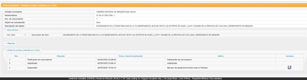 Consorcio Brontes apela adjudicación de obra vial de S/186 millones por presuntas irregularidades en proceso del Gobierno Regional de Arequipa
