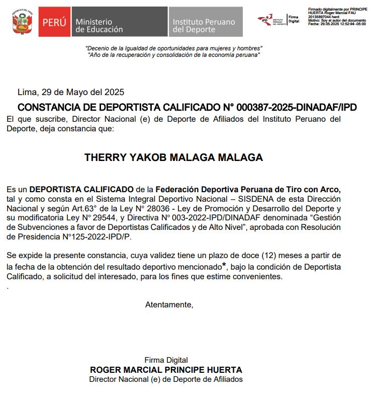 Constancia de Deportista Calificado por parte del Instituto Peruano del Deporte.