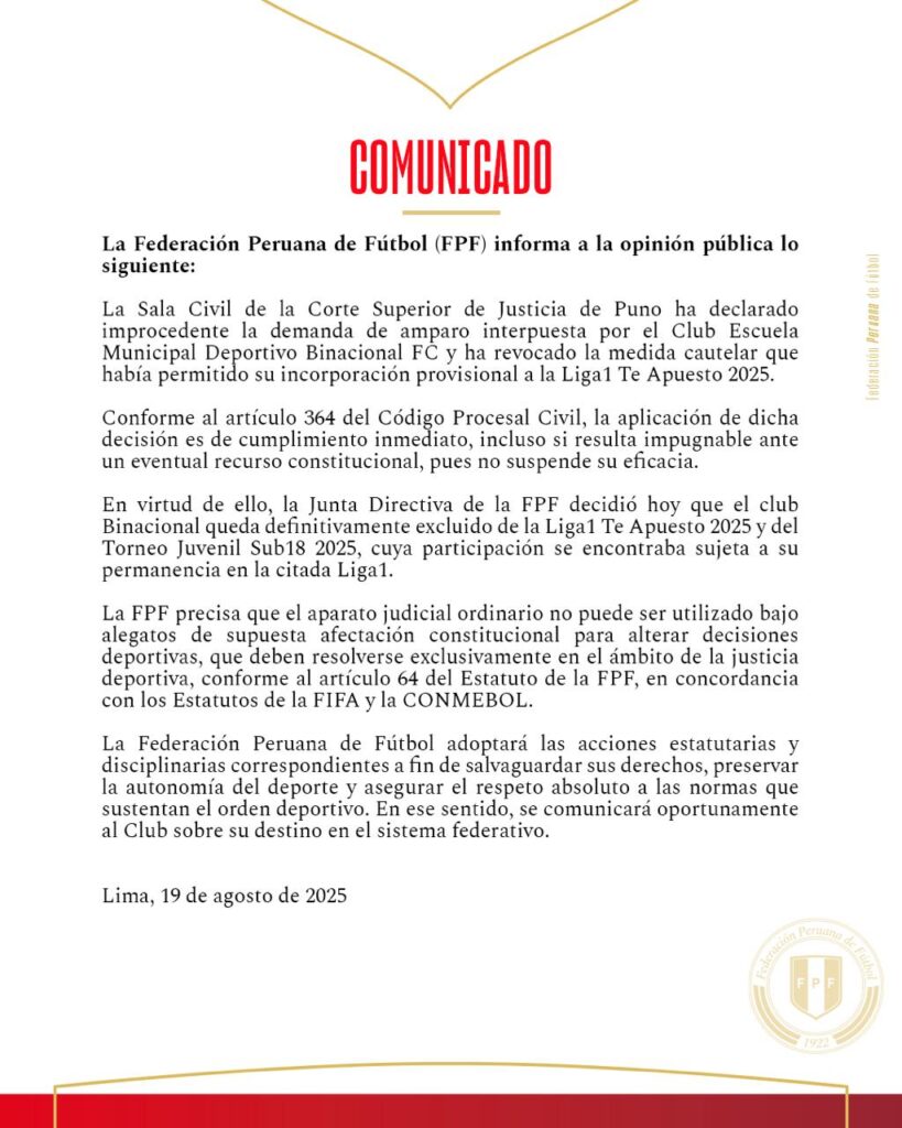 Federación Peruana de Fútbol confirmó la exclusión de Deportivo Binacional de la Liga 1. 