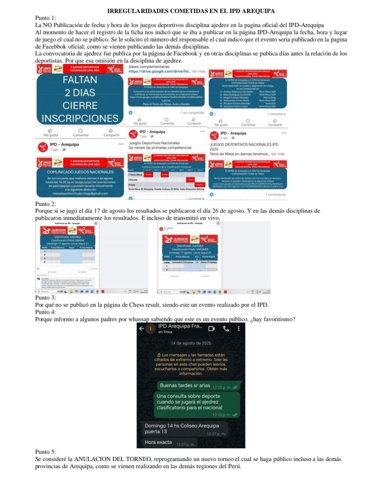 Carta de los padres de familia sobre las presuntas irregularidades en el certamen del IPD. 