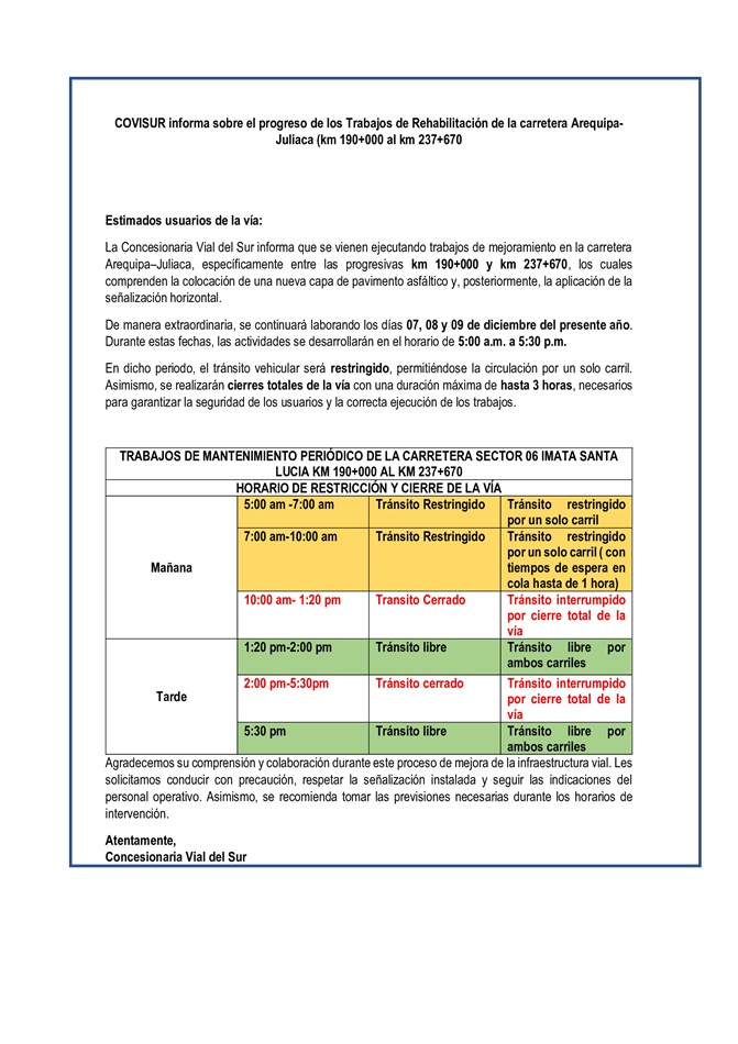 Restricciones y cierres en la carretera Arequipa–Juliaca del 7 al 9 de diciembre por trabajos de rehabilitación